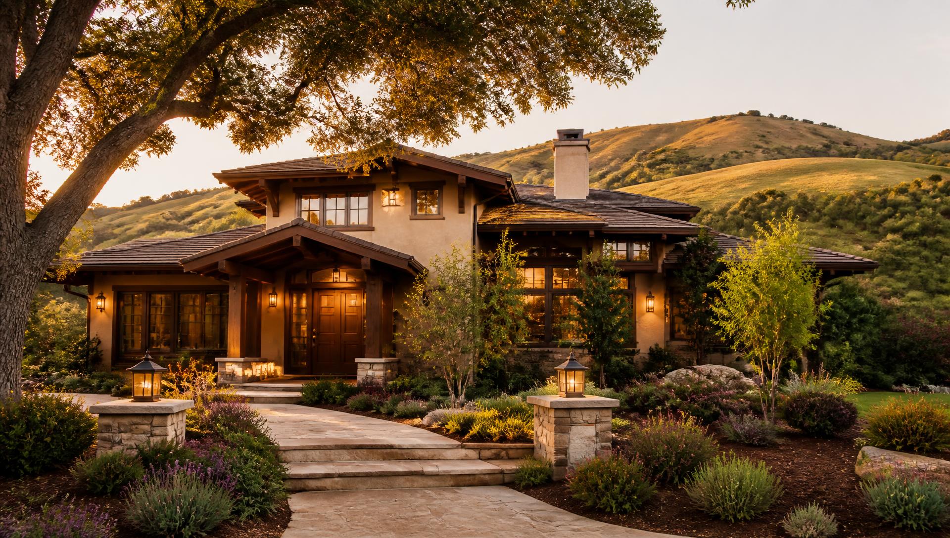 A California East Bay home at golden hour with mature landscaping and rolling hills behind it